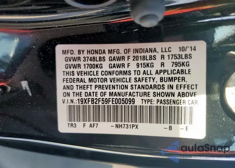 2015 Honda Civic Lx из США, поврежденный, VIN 19XFB2F59FE005099